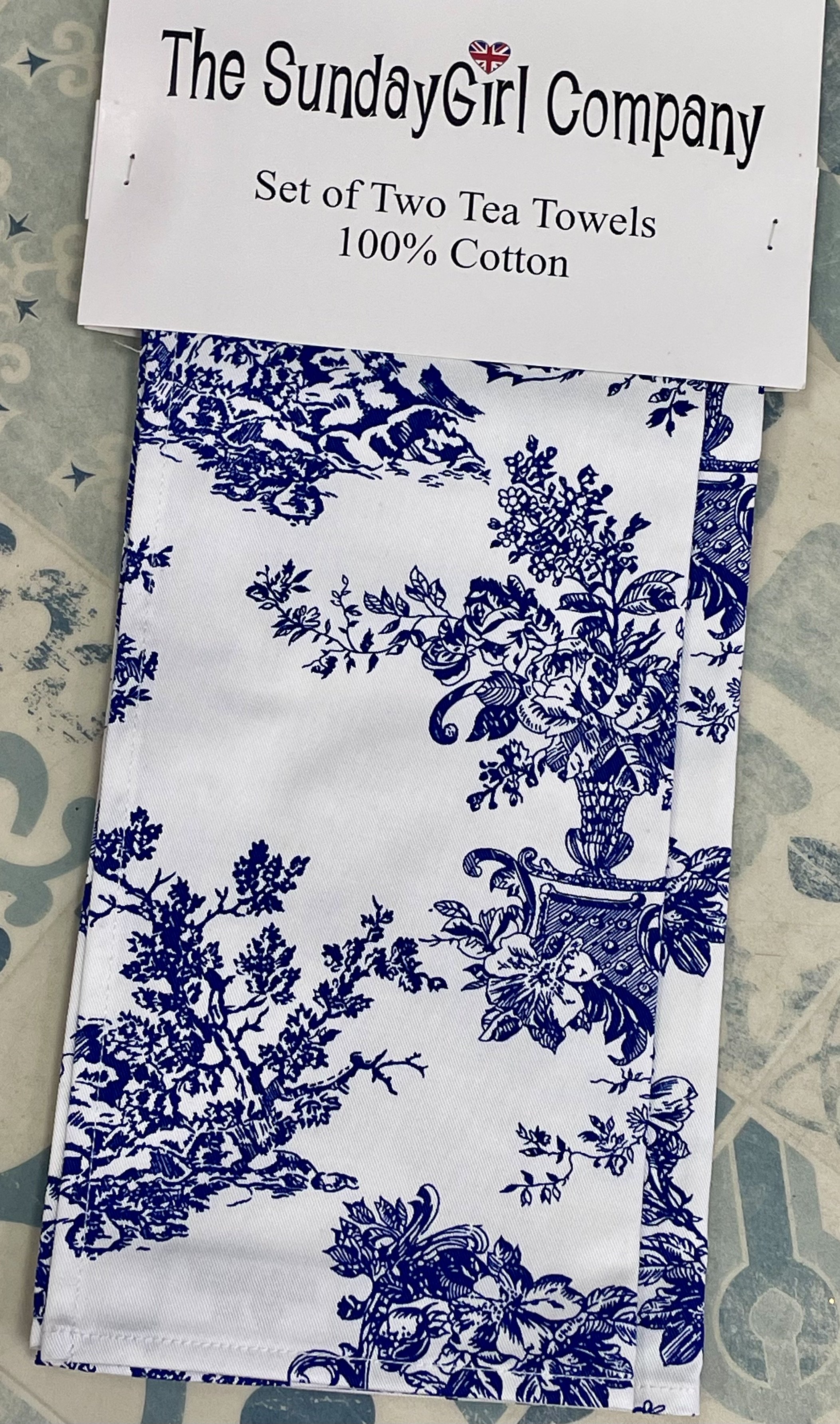 The Sunday Girl Company Let Them Eat Cake Blue French Toile Set of Two Tea Towels